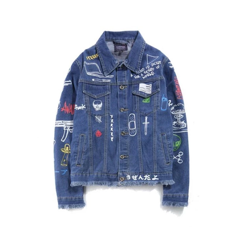 Модная Джинсовая куртка в стиле хип хоп с принтом мужская хлопковая Повседневная