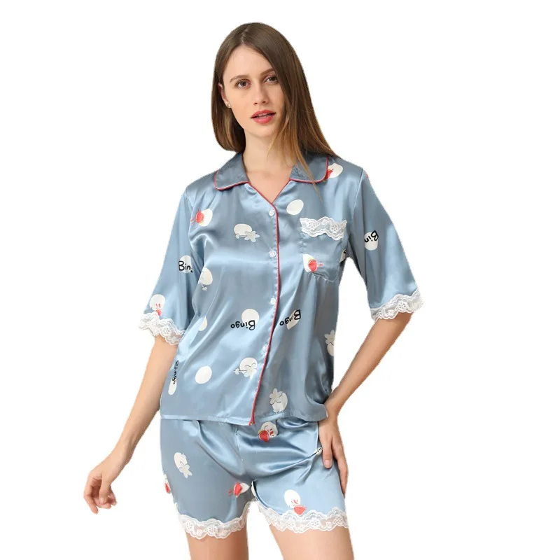 

Women 2PCS Pajamas Set Summer New Satin Nightwear Casual Sleepwear Silky Pijamas Shirt&Pants With Lace Print Home Clothes
