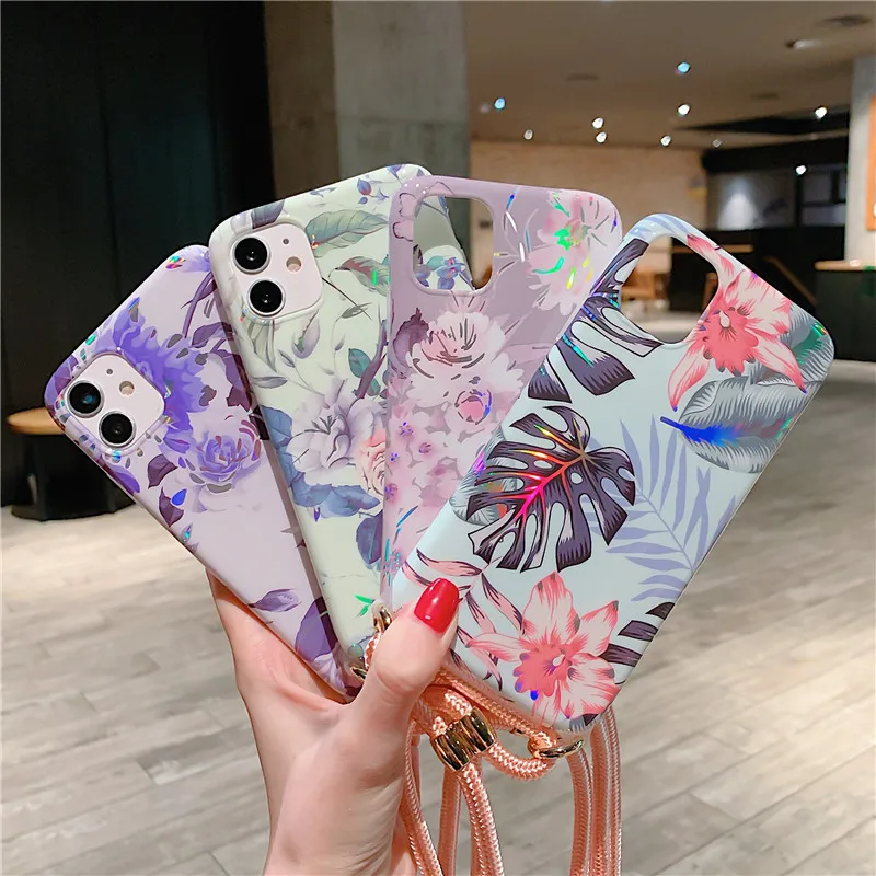 

Leaf Flower Laser Necklace Strap Rope Case For iPhoneSE2020 11 11Pro 12 12Pro 7 8 Plus XR 11Pro Lanyard Neck Cord Soft IMD Cover
