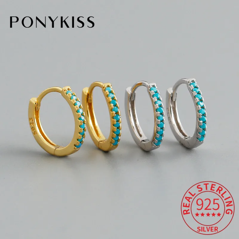 

PONYKISS Classic S925 Sterling Silver Round Blue Zircon Huggie Hoop Earrings for Women Party Accessory Minimlist Jewelry