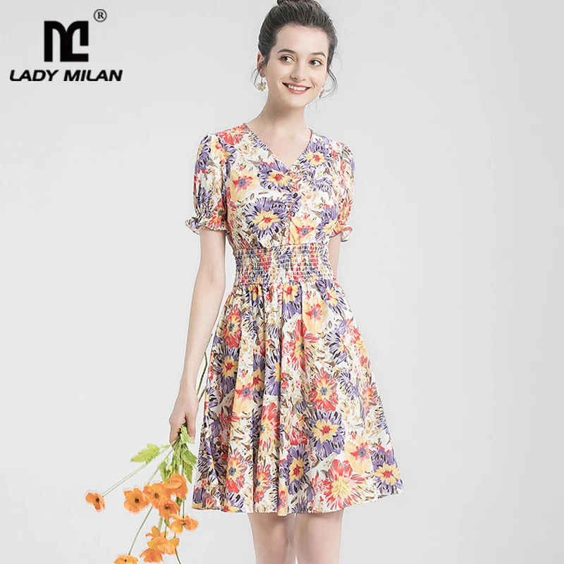 

Женское модельное платье, элегантное эластичное платье с V-образным вырезом, коротким рукавом и цветочным принтом, осень