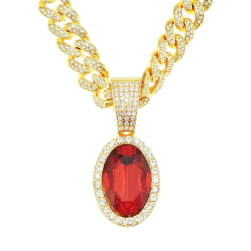 

Fashion Red Oval Crystal Stone Pendant Necklace For Men Women Hip Hop Accessories Jewelry Miami Curb Link Cuban Chain Choker