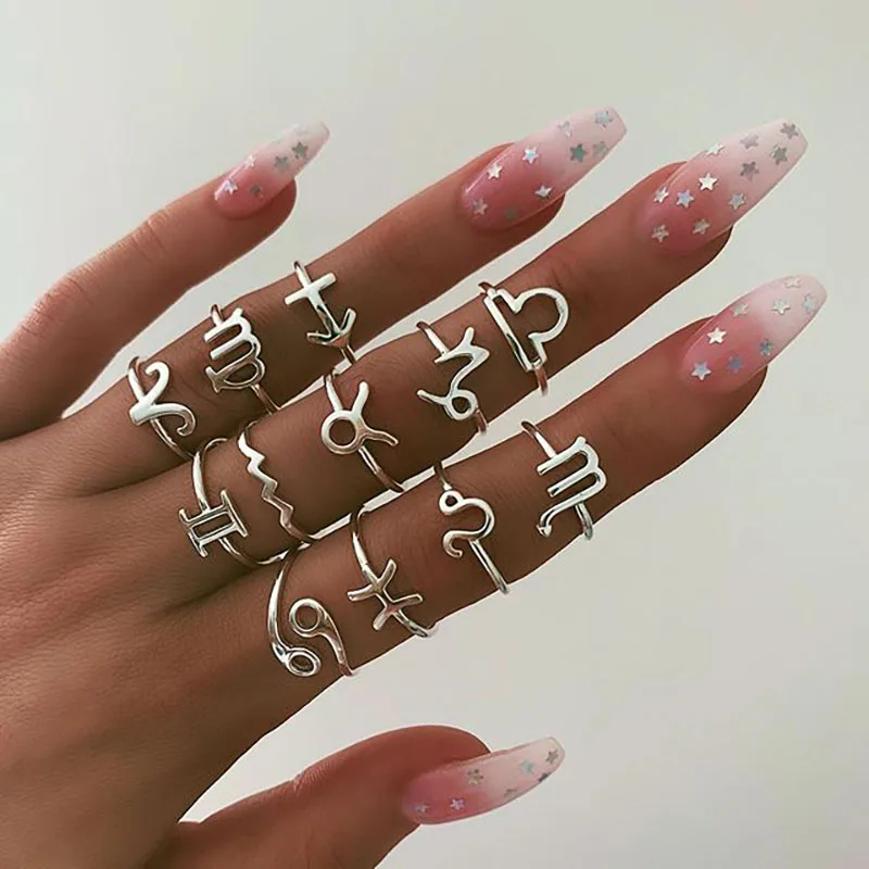 

Vintage 12 Constellation Geometric Joint Ring Set for Female Bohemian Gold Silver Color Anillos Ring Statement Fashion Jewelry