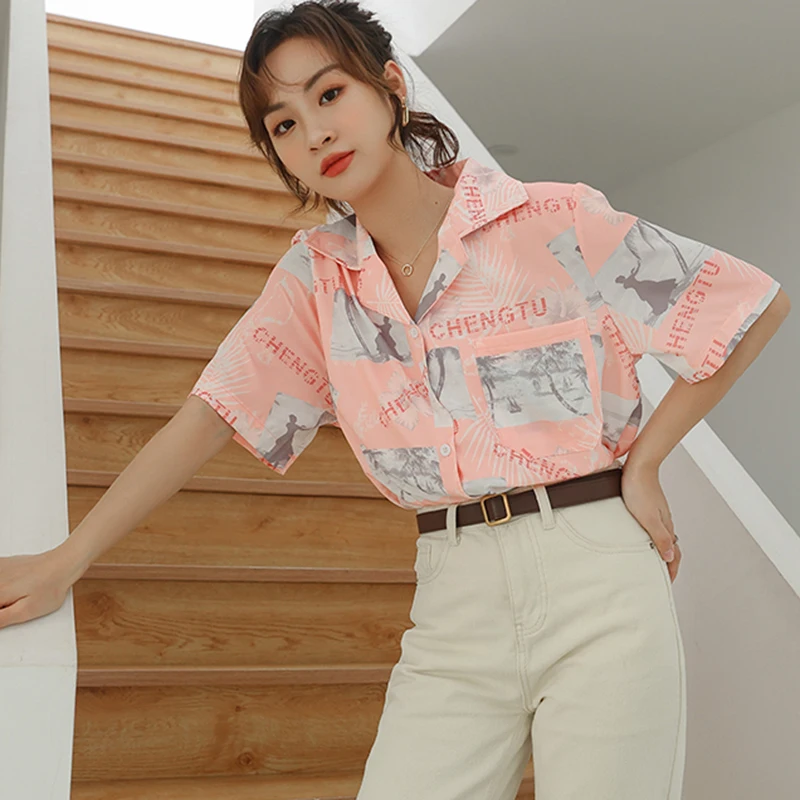 

Lucyever Vintage Printted Short Sleeve Shirts Women Single Breasted Turn Down Collar Shirt Women Loose Blouse Femme 2021 Summer