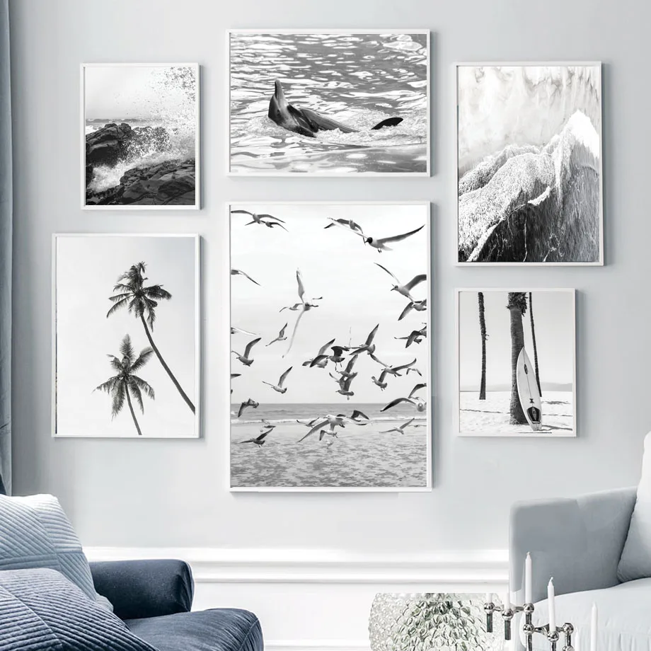 

Black White Sea Beach Seagull Tree Landscape Wall Art Canvas Painting For Living Room Nordic Posters And Prints Wall Pictures