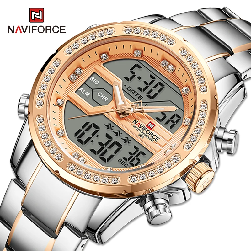 

New NAVIFORCE With Diamonds Men's Watches Rose Gold Led Digital Luxury Quartz Chronograph Fashion Multiple Time Zone Wristwatch