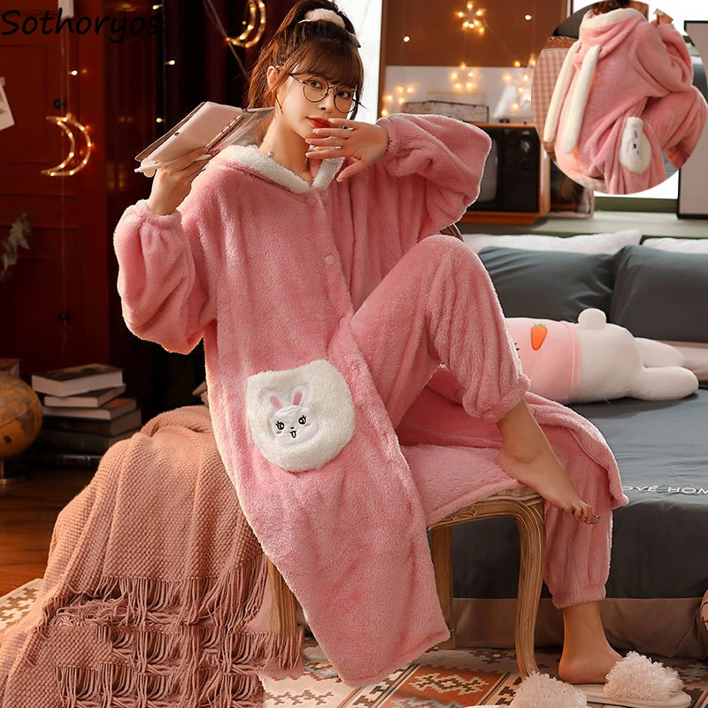 

Cartoon Rabbit Flannel Thick Pajama Sets Women Sweet Warm Cozy Hooded Bathrobes Fall Winter Fluffy Plus Velvet Nightwear Lounge