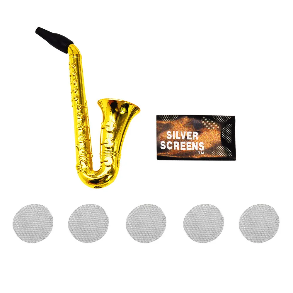 

Mini Saxophone Metallic Novelty Smoking Pipe with Silver Screens