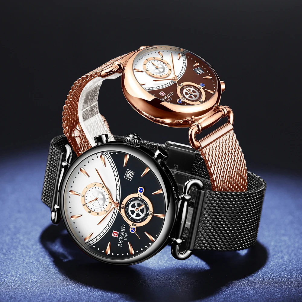 REWARD Women Watches Fashion Rose Gold Female Clock Business Quartz Watch Men Stainless Steel Waterproof Wrist Watch Relogio