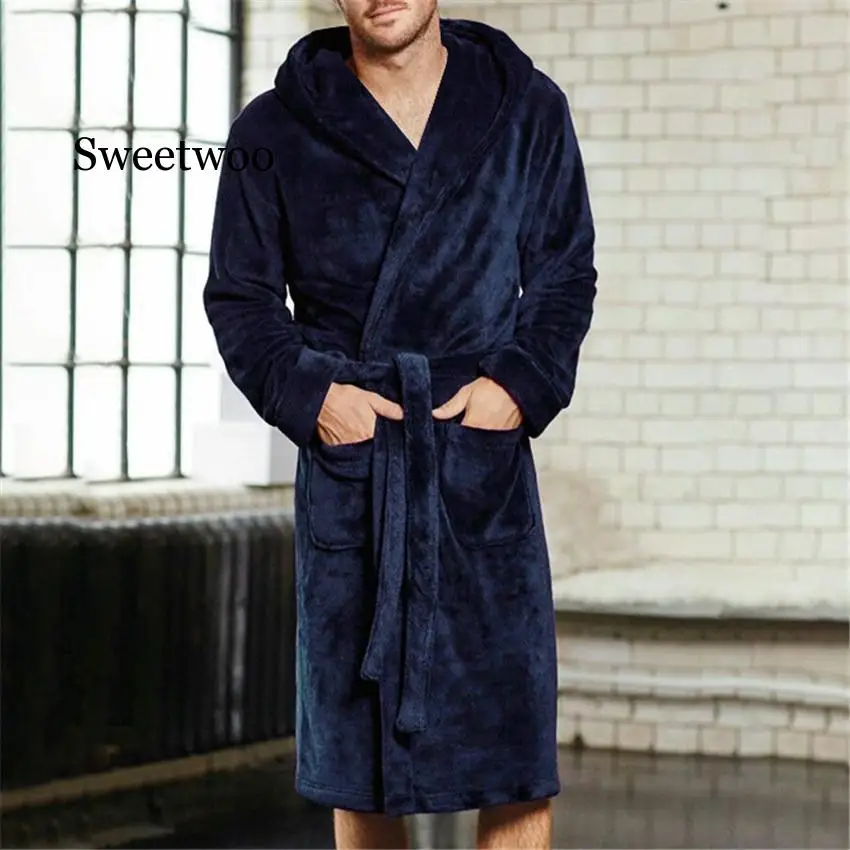 Men Autumn Winter Long Thick Warm Corduroy Bathrobe Solid Towel Long Robe Sleepwear  4XL 5XL Men Kimono Hooded Robe