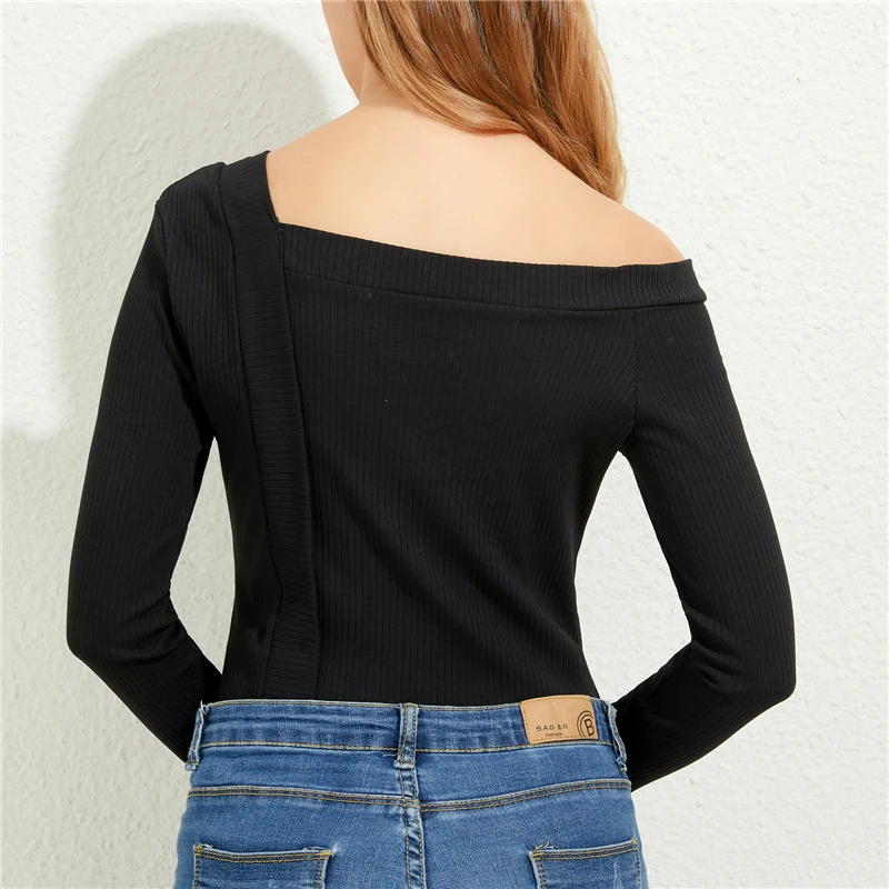 

Creative Women Button T Shirt Asymmetrical Collar Long Sleeve T Shirt Autumn Knitted Pullover Female Top Tees