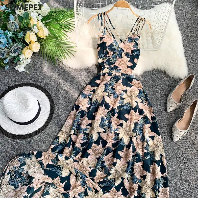 

somepet 2020 Women Floral Print Dress Summer Sexy V-neck Backless Long Dresses Female Elegant Bohemian Party Dress Vestido