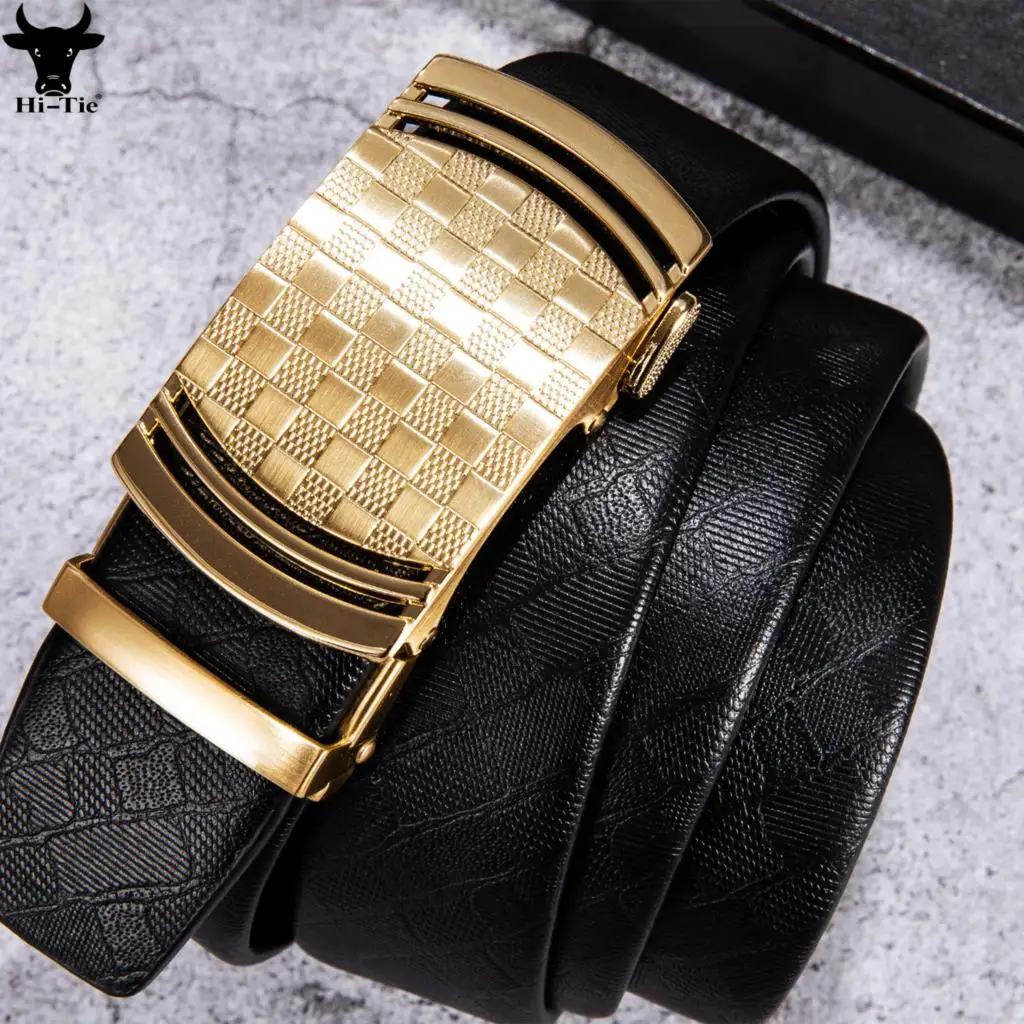 

Black Genuine Leather Mens Belts Luxury Gold Automatic Buckles Ratchet Waist Straps Adjustable High Quality Male Belt Wedding