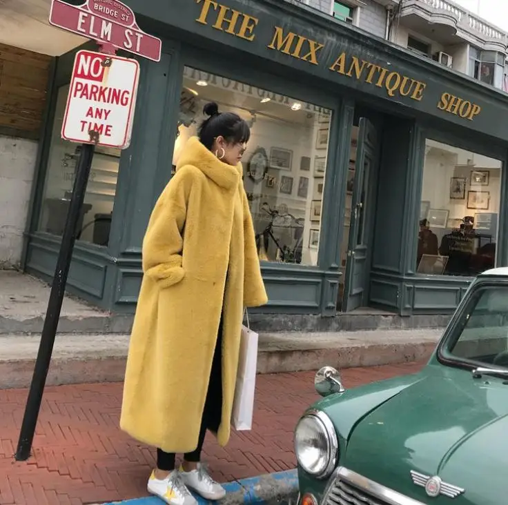 Новейшая Женская длинная куртка с капюшоном зима осень толстая меховая верхняя