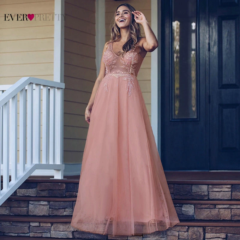 Luxury Evening Dresses Long Ever Pretty A-Line Double O-Neck Beaded See-Through Sexy Formal Evening Gowns Abendkleider