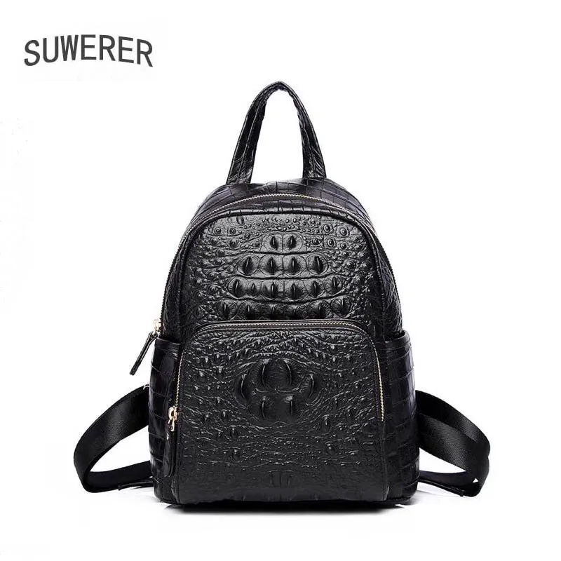 

SUWERER New Genuine Leather women backpack fashion luxury Women's famous brand Crocodile pattern real cowhide leather backpack