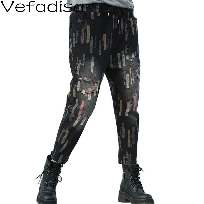 

Vefadisa Vintage Letter Print Harem Pants Women 2021 Autumn Fashion Drawstring Ankle-Length Pants Female Denim Pants QYF6356