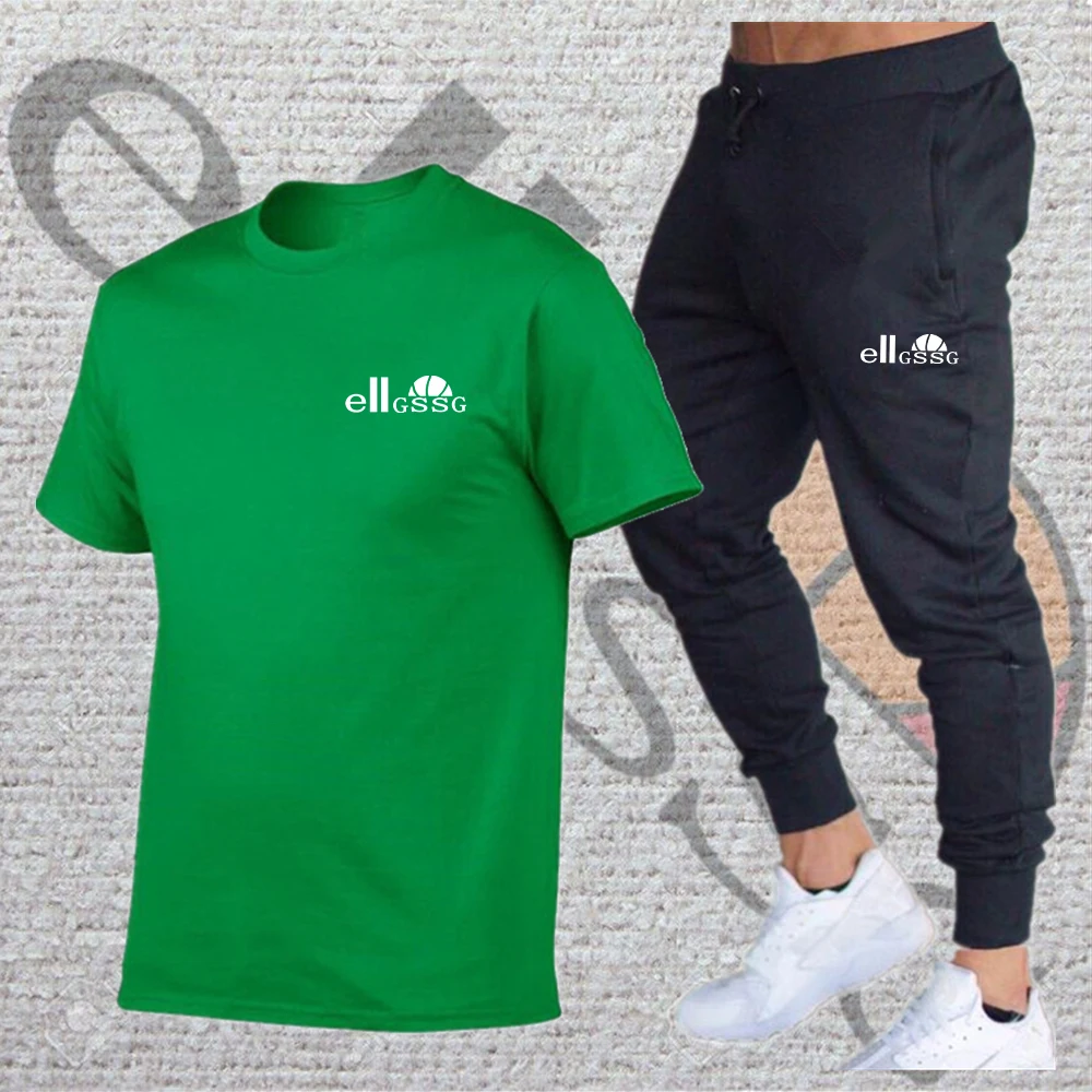 

Summer men's casual sportswear short-sleeved T-shirt letter printing solid color+men black drawstring fitness training leggings
