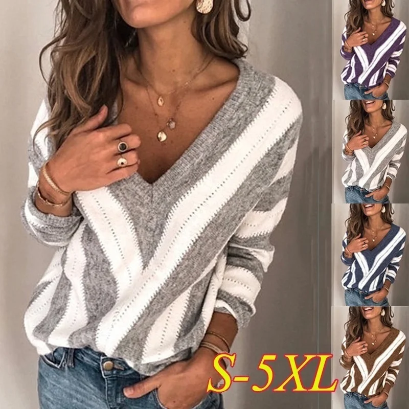 Новинка весна осень женский полосатый Свободный вязаный пуловер свитера Топы с