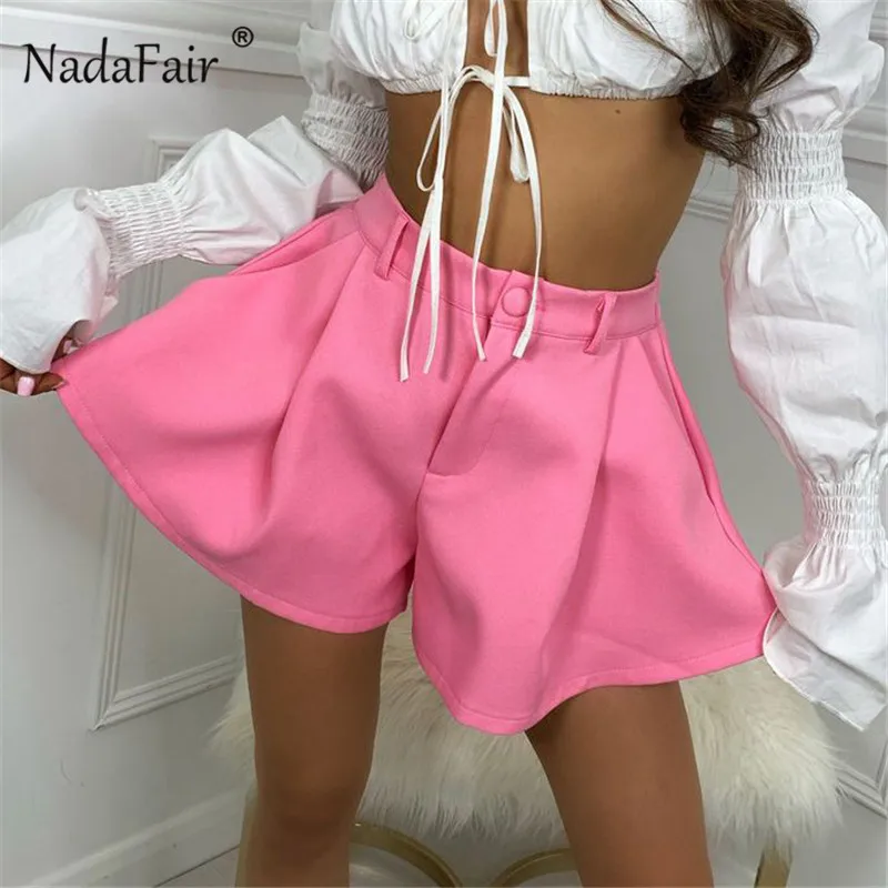 

Nadafair Summer Shorts Women With Pockets 2021 High Waist Elegant Fashion New Wide Leg Casual Shorts