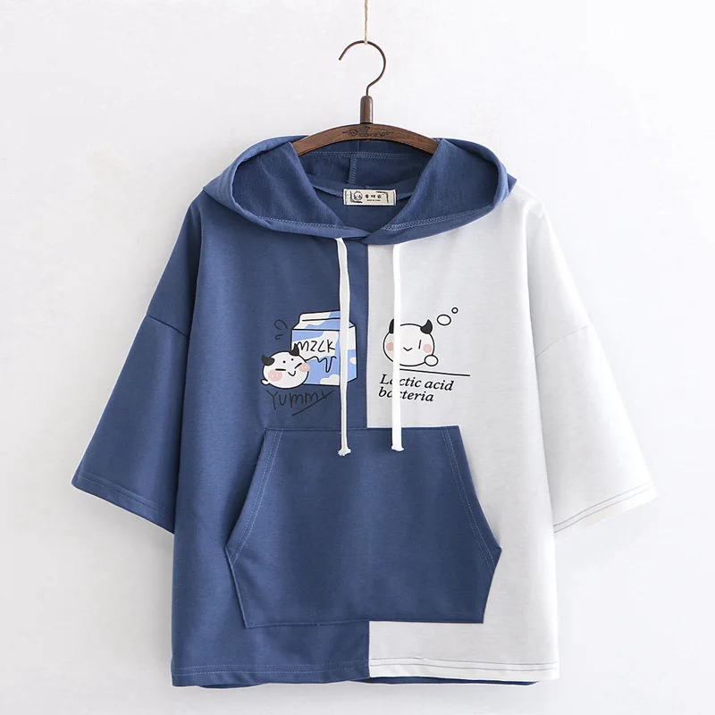 

College style girl summer dress cute hooded short-sleeved t-shirt loose loose color matching hooded jacket casual suit