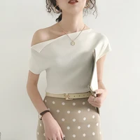 tops women 2021 summer skew collar off shoulder korean fashion white knitted t shirt women new arrivals