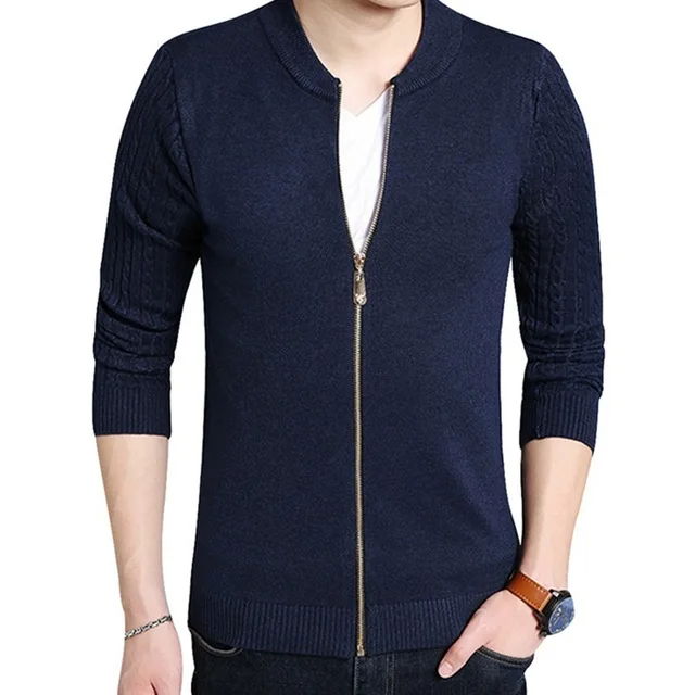 Navy Men's Zipper Open Front Cardigan Sweater Jacket Style Sweaters Knitwear Warm Sweatercoat Cardigans Men Clothing J660 - Цвет: Navy