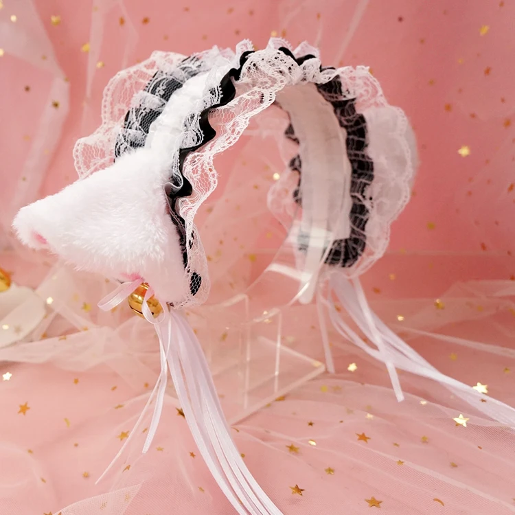 White and black Японская девушка кружева колокольчики кошачьи уши повязка Лолита горничной наголовный обруч кошачьи уши головной убор обруч ручной работы - Цвет: White and black