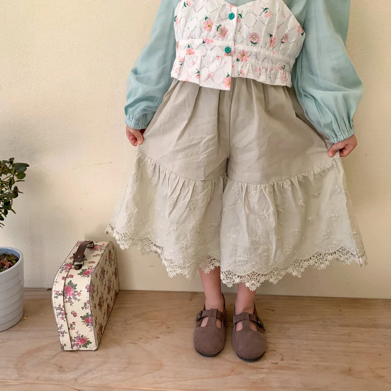 

Keelorn Girls Casual Pants 2021 New Spring Kids Solid Lace Loose Trousers Korean Style Children Mid Waist Skirt Pants