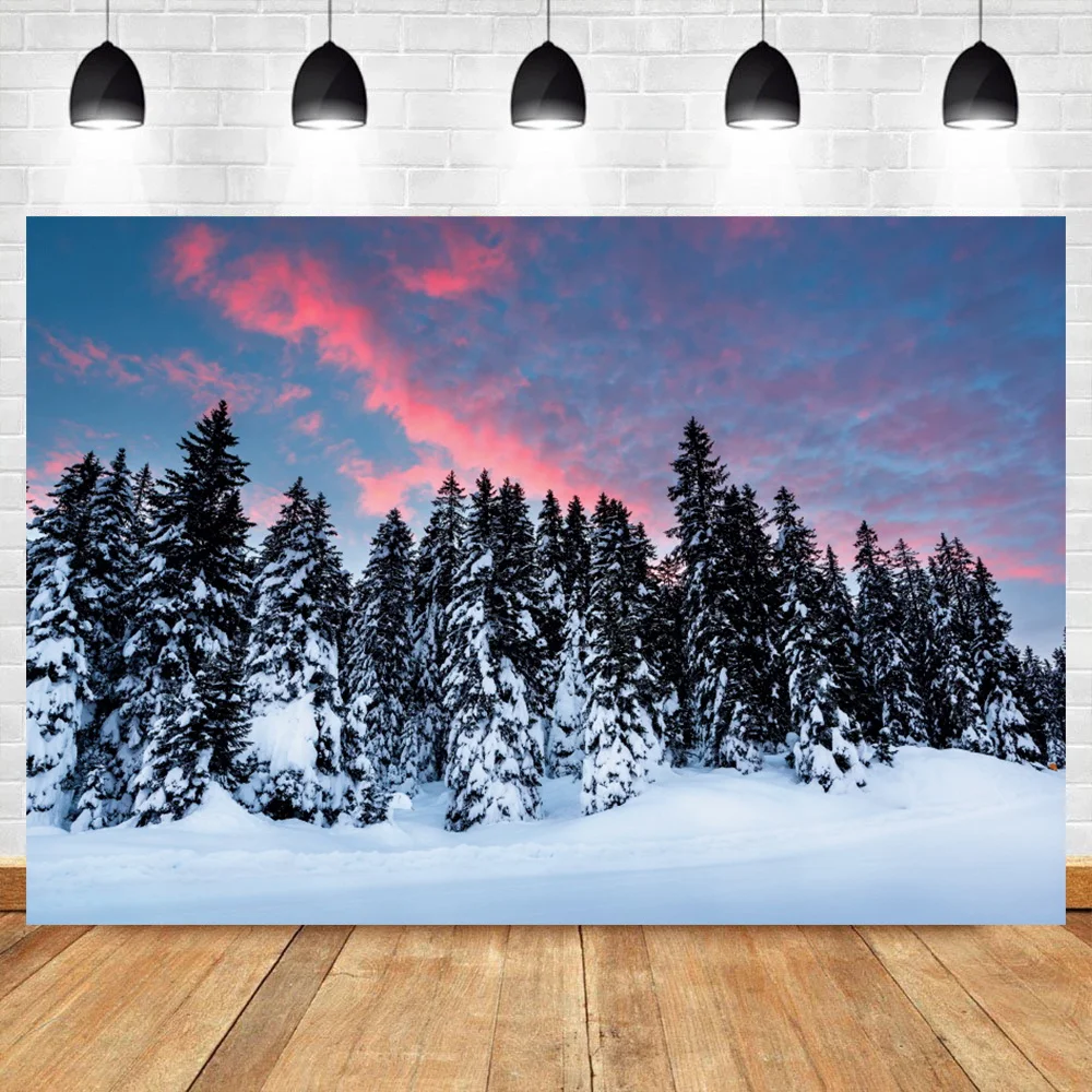 

Laeacco Winter Snow Pine Forest Sunset Photography Backdrop Natural Scenic Snowfield Child Baby Portrait Photocall Background