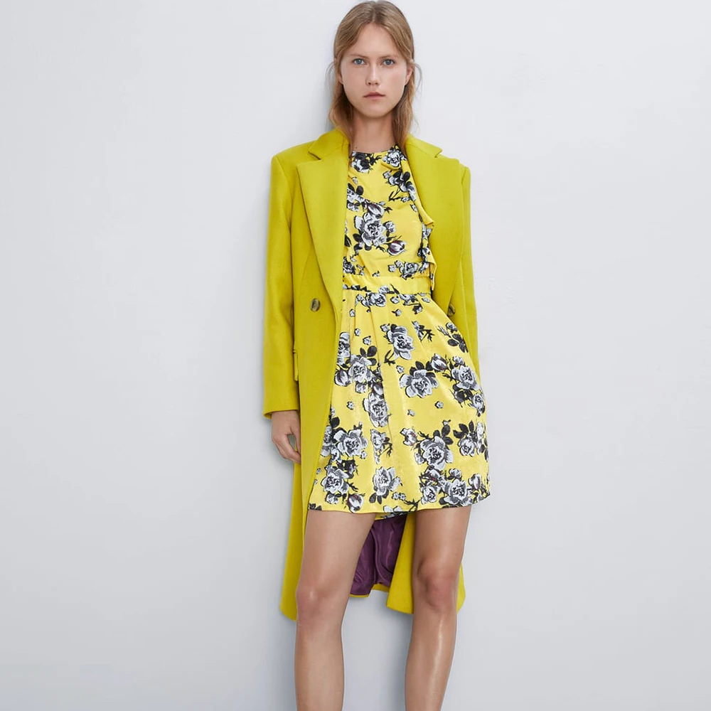 Женский костюм с юбкой ZA шерстяное двубортное пальто принтом и бантом желтый