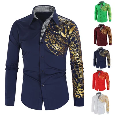 Рубашка мужская приталенная с длинным рукавом люксовая блуза золотым принтом