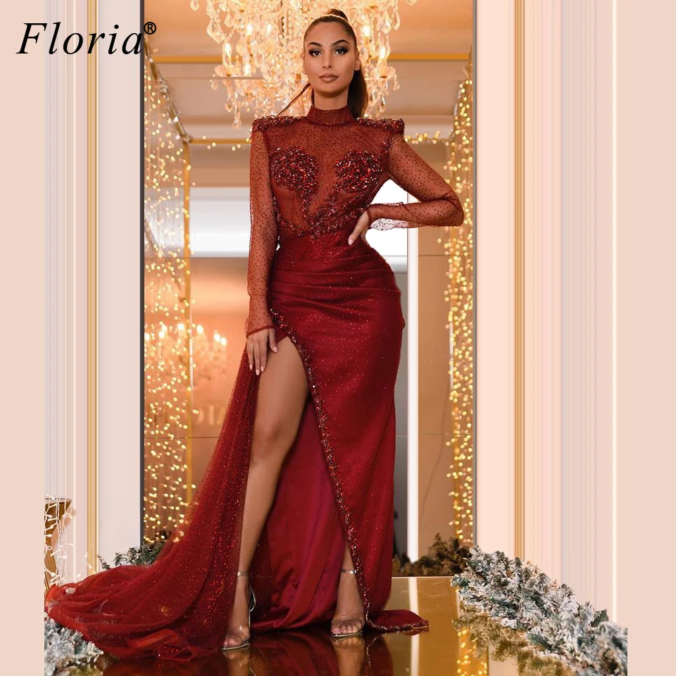 Большие размеры Дубай блестящие вечерние платья 2020 длинное Русалка бургундское