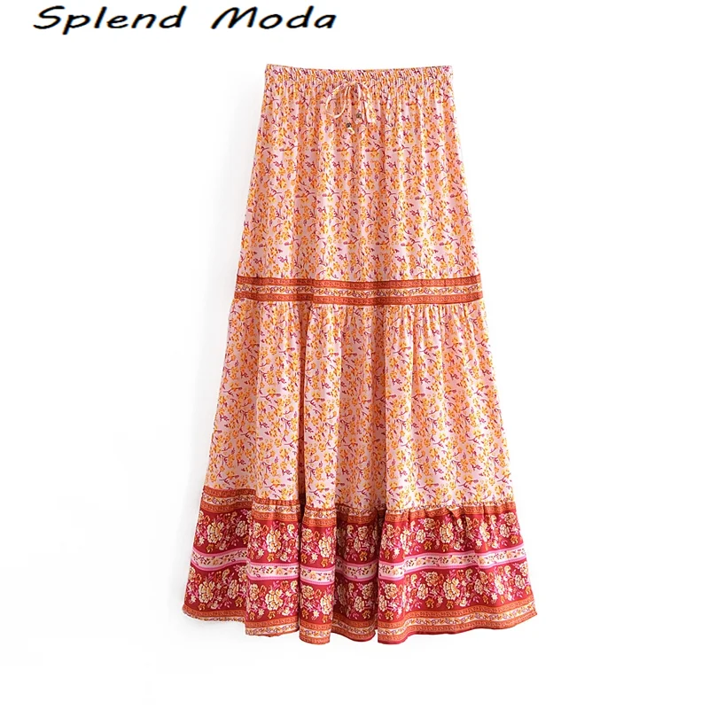 

Splend Moda New Spring Bohemian Vintage Floral Printed Long Skirt Women Holiday Chic Elastic Waist Sashes Skirts Female Falda