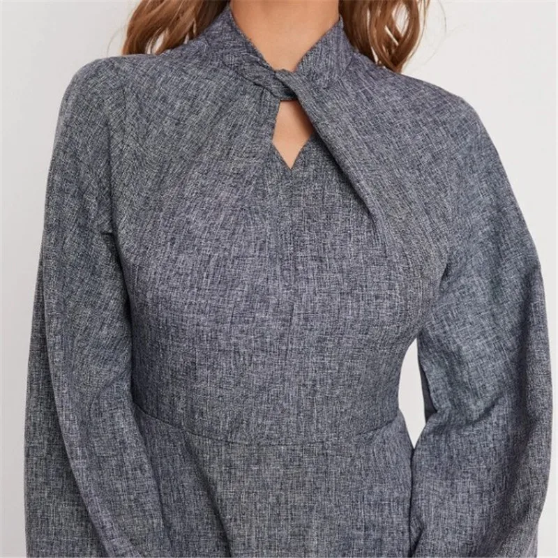 

Simple Stand Collar Full Sleeve Dress for Women New 2020 Autumn A-line Long Dresses Elegant Lantern Sleeve Solid Gray Big Swing