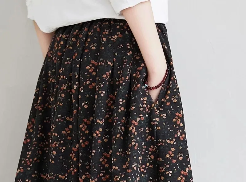 

Spring Autumn Women Skirts Vintage Art Style High Waist Elastic Pockets Floral Print Chic Cotton Linen Elegant Saias for Female