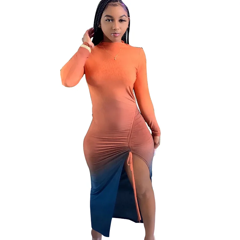

Autumn Newest Women Sexy Dress Nightclub Style Lady O-Neck Long Sleeve Gradient Printing Bodycon Side High Split Lace-up Dresses