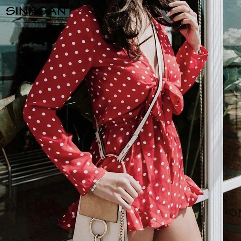 Женский красный комбинезон в горошек SINRGAN повседневный пляжный с бантом и