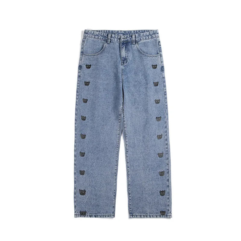 Mens Vintage Washed Jeans Hip Hop Smile Face Printed Loose Fit Denim Pants Harajuku Straight Casual Cartoon Trousers Male | Мужская