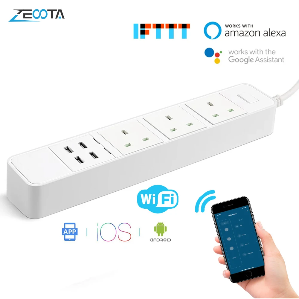 Умная WiFi силовая полоса, расширение перенапряжения, пульт дистанционного управления, синхронизация, голосовое управление, 3 штепсельная розетка переменного тока 4 usb-порта, работа с, Aleaxa, Google