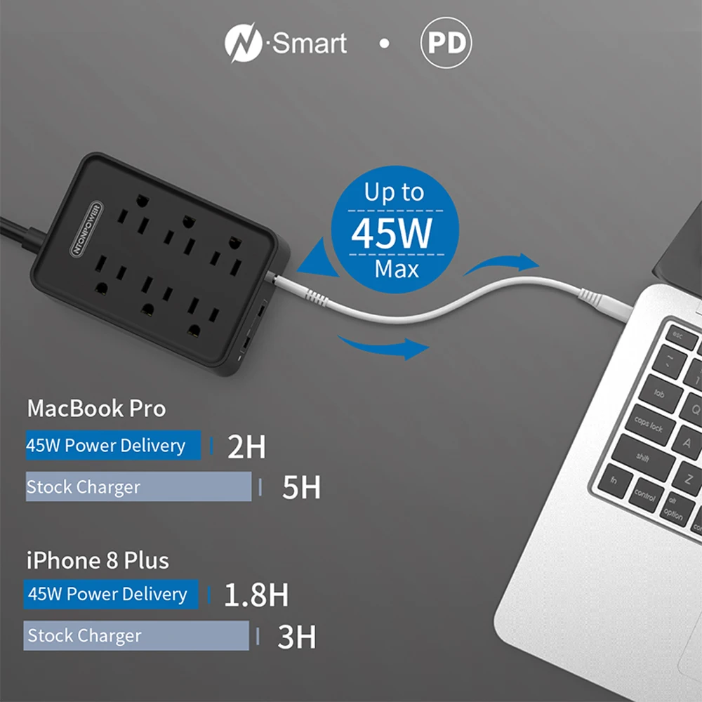 NTON POWER US Power Strip 66 Вт (PD Charger 45 + USB 21 Вт) Настольная зарядная станция с 6 футами длинный