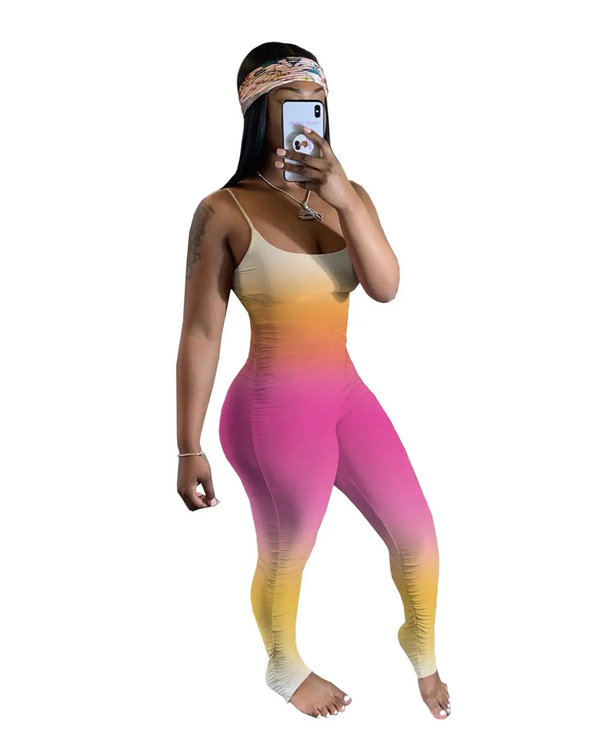 

Gradient Stacked Leggings Jumpsuit Street Rompers Draped Strap Gradient Print Sexy Night Club Party Bandage One Piece Outfits