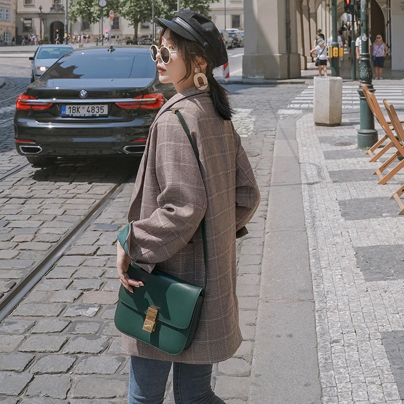 

2021 Spring Elegant OL Series Women Blazer Double Breasted Feminino Coat Brown Plaid Basic Jacket Office Femme Korean Clothing