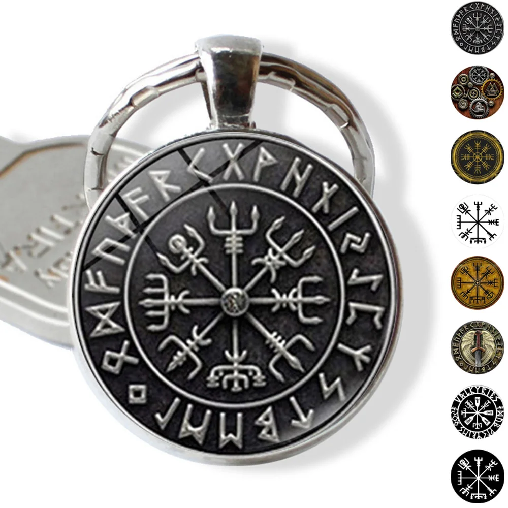 

Nordic Viking Vegvisir Keychain Accessories Viking Compass Pattern Glass Pendant Keyring Keychain Key Holder for Keys Women Men