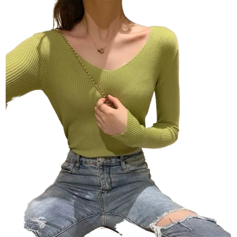 

Autumn and winter V-neck knitted long-sleeved slim-fitting tight-fitting warm bottoming shirt shirt slimming sweater women
