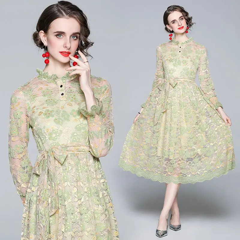 

Elegant French Lace Dress Women Long Sleeve O Neck Sashes A-line Dresses Autumn Fashion Streetwear Midi Dress 2022 New 6514