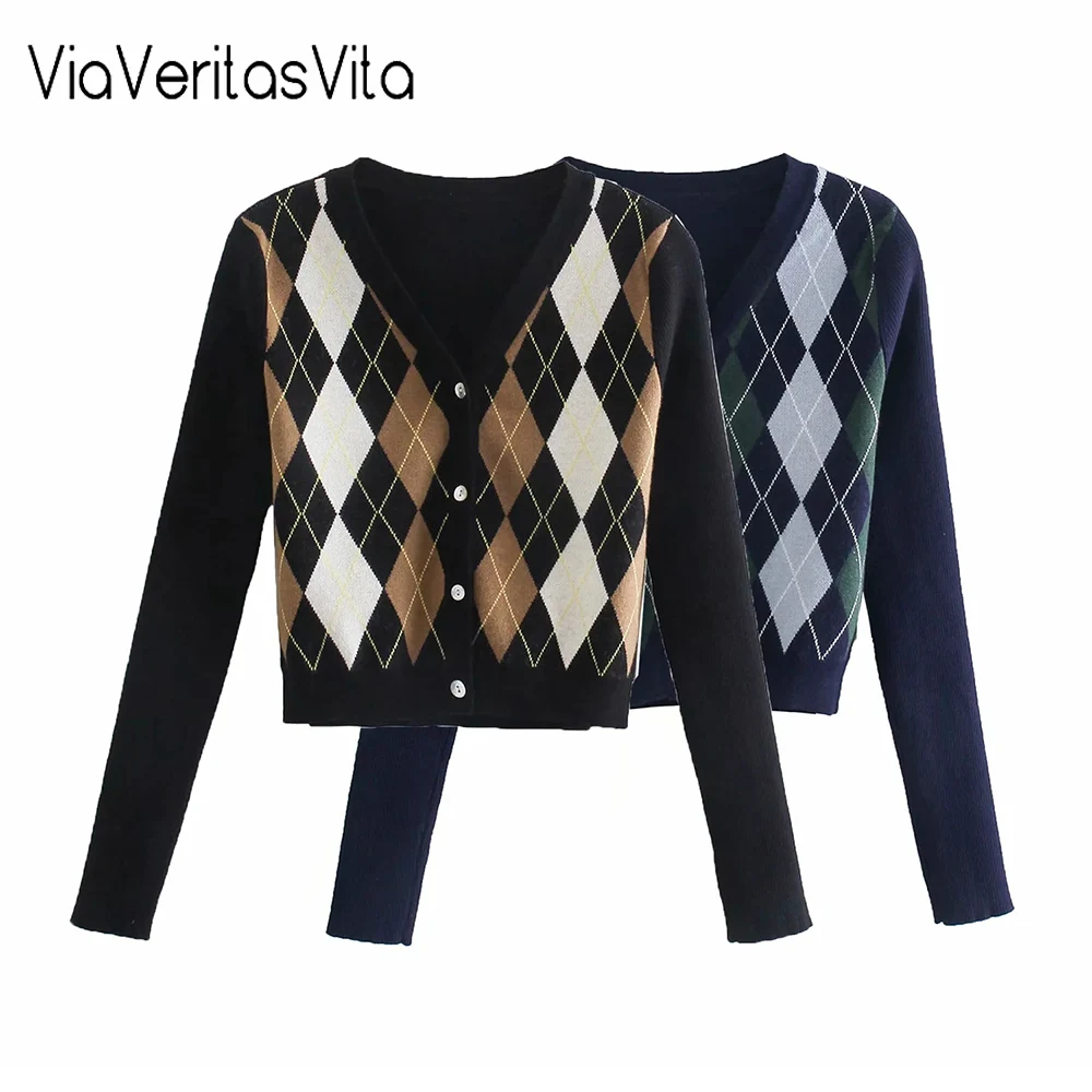

YAMY осенние винтажные укороченные кардиганы для девочек-подростков с длинными рукавами приталенный свитер с узором ромбиками Топы женские ...