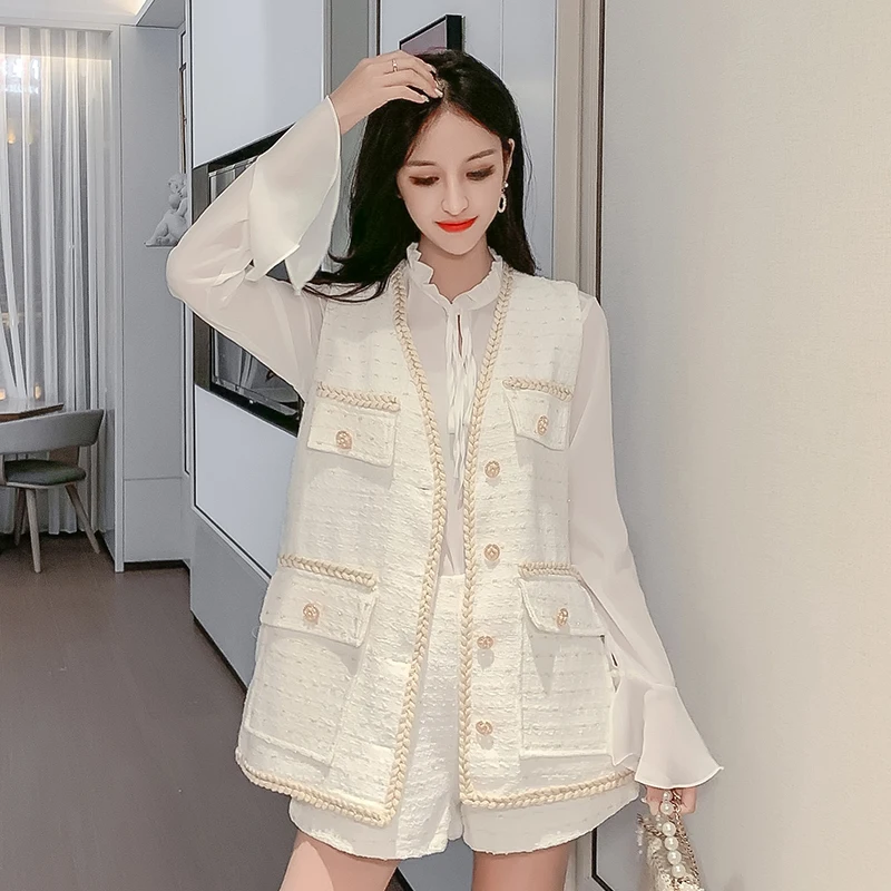 Женский элегантный твидовый комплект из 3 предметов блузка жилет и шорты осень 2019