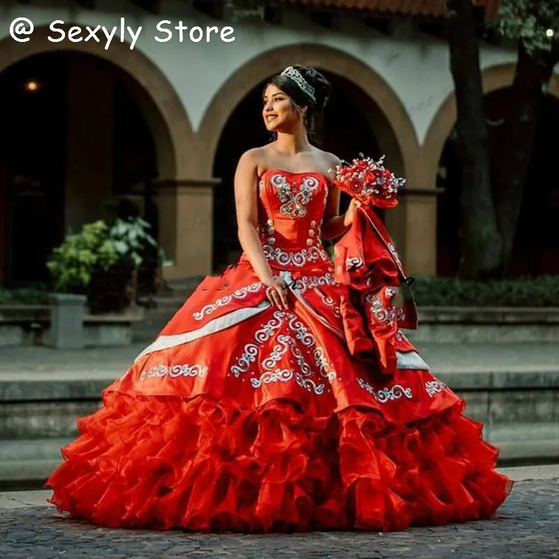 

Новое поступление, бальное платье, Красное Бальное Платье, 2021, сексуальное платье без бретелек, с вышивкой, атласное платье из органзы с рюша...