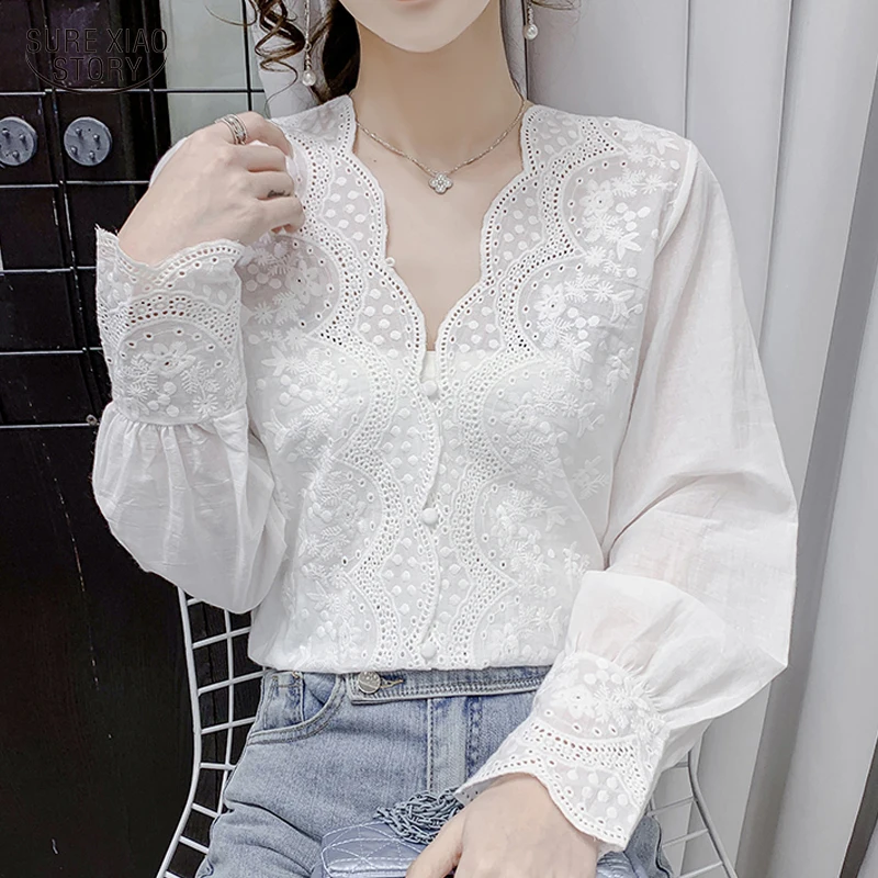 

2023 Lace Crochet Hollow White Shirt Office Autumn Embossed Embroidered V-neck Cotton Blouse Wavy Cut Long-sleeve Shirt 17381